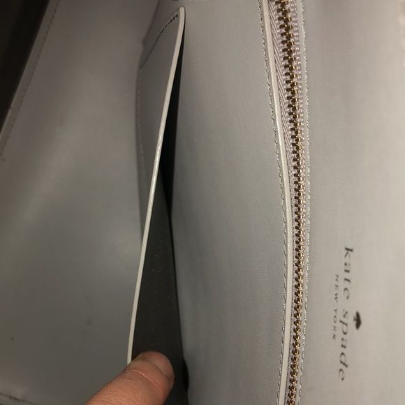 KATE SPADE Silver Glitter Polka Dot White Leather Tote Shoulder Bag Zip Pocket - Picture 15 of 17